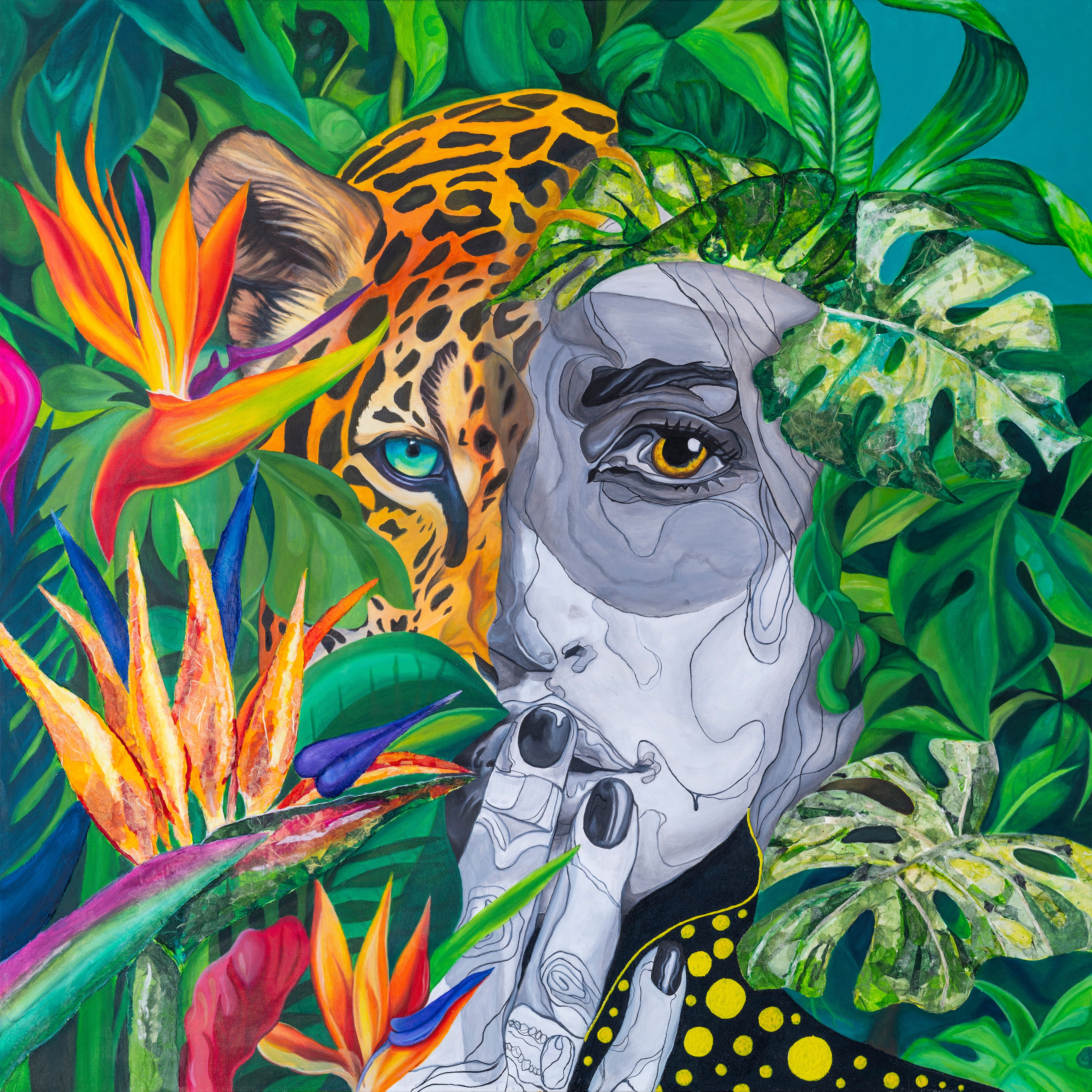 I See Beauty original mixed media painting with female portrait, tropical flowers and poison dart frog