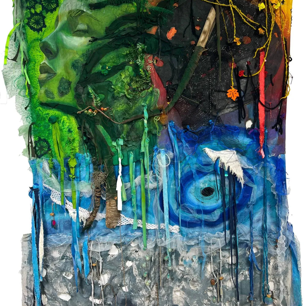 Full view of Echoes of Nature sustainable mixed media artwork with repurposed textiles and found objects