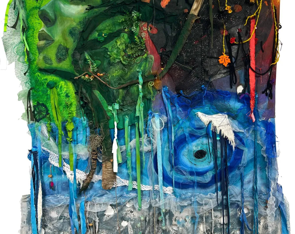 Full view of Echoes of Nature sustainable mixed media artwork with repurposed textiles and found objects