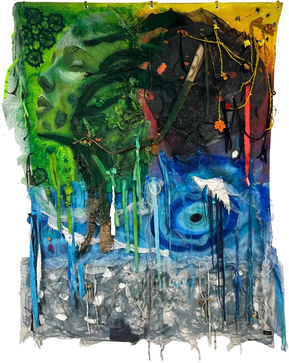 Full view of Echoes of Nature sustainable mixed media artwork with repurposed textiles and found objects