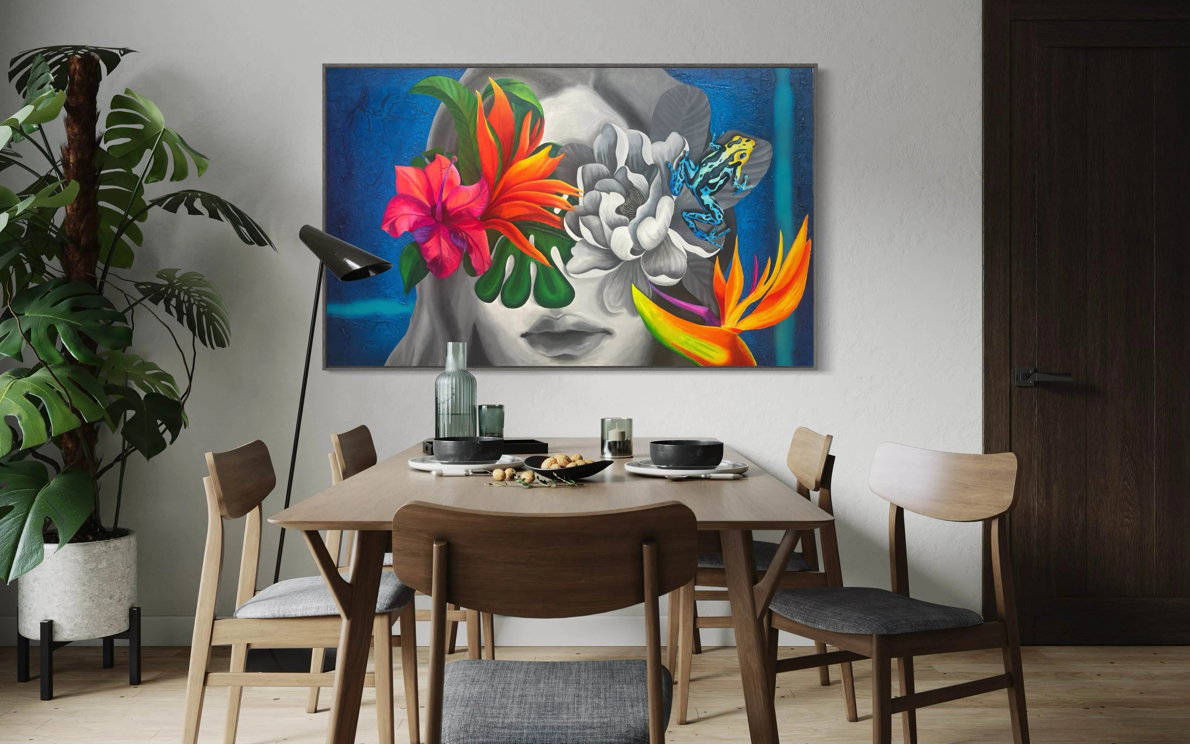 I See Beauty original mixed media artwork displayed above a modern dining table