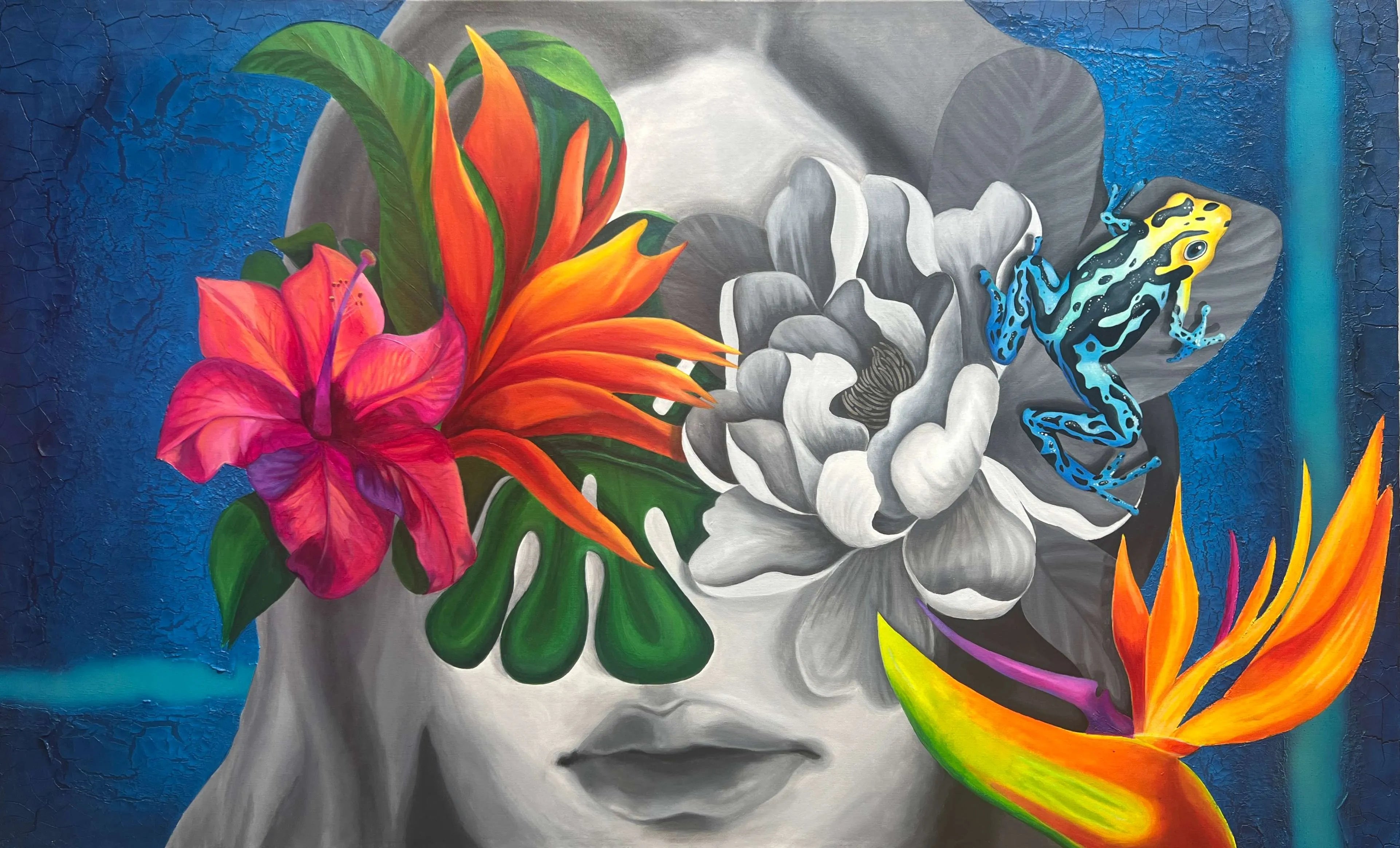 I See Beauty original mixed media painting with female portrait, tropical flowers and poison dart frog