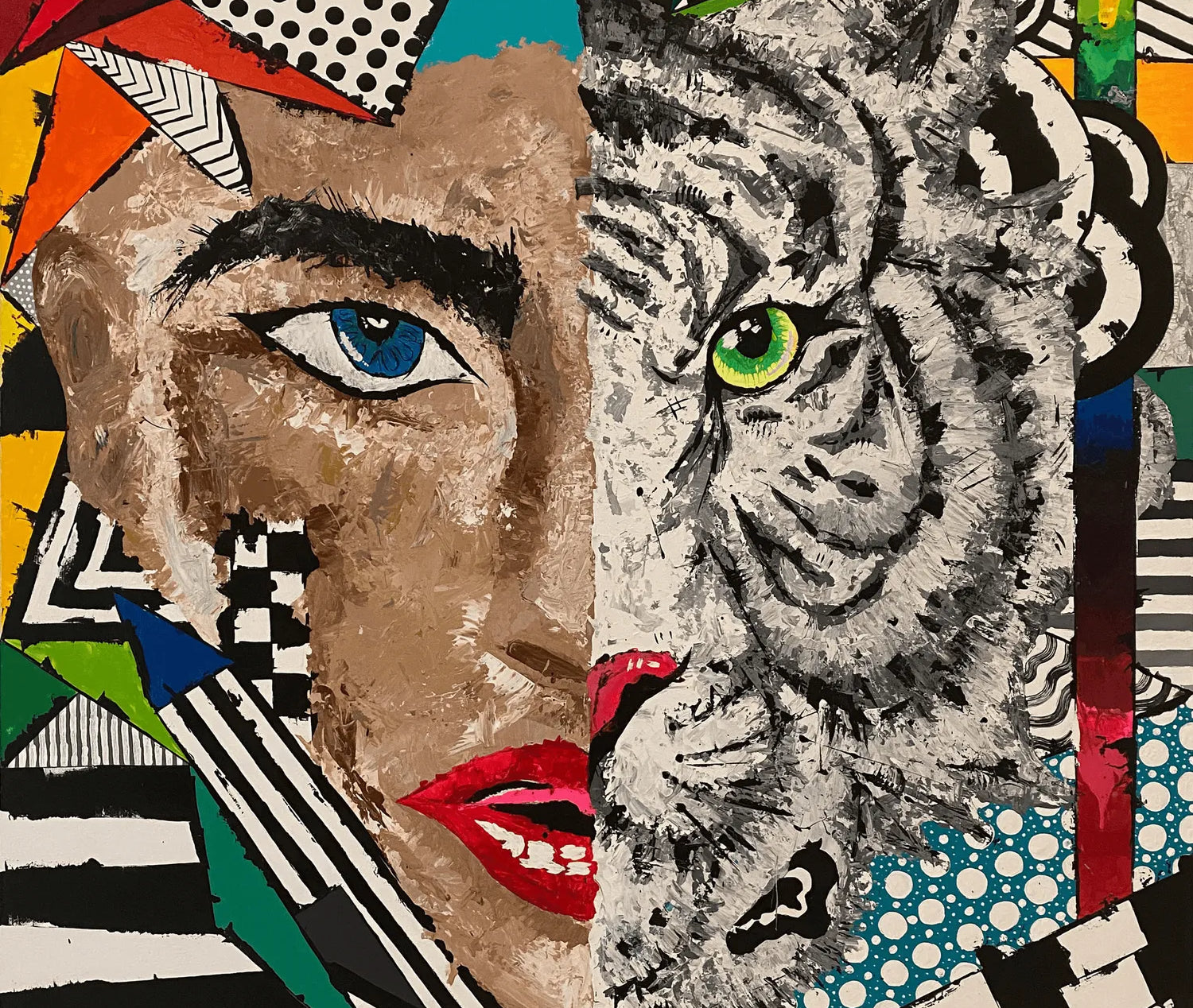 Splitting Yourself cubist portrait painting of a woman and tiger by Daniela Sanchez Vegas