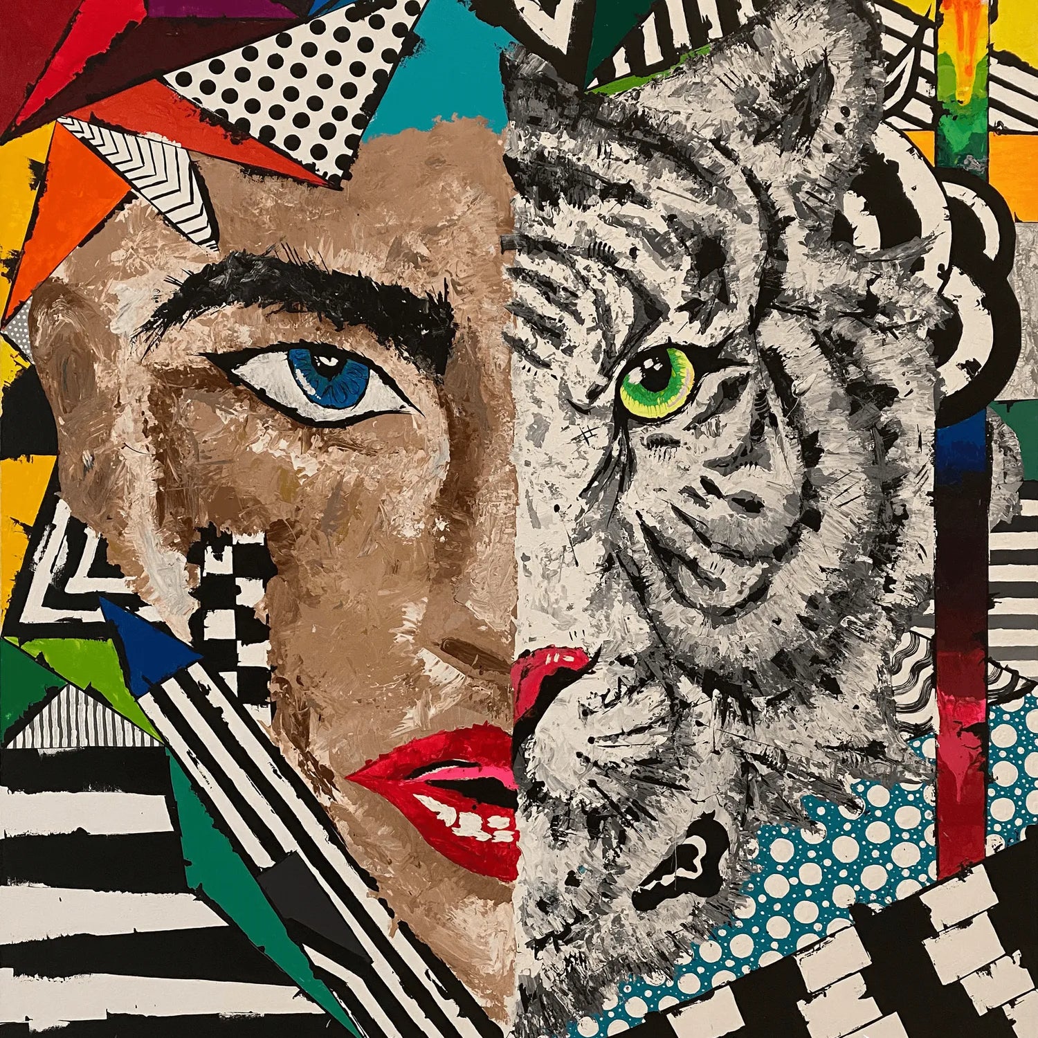 Splitting Yourself cubist portrait painting of a woman and tiger by Daniela Sanchez Vegas