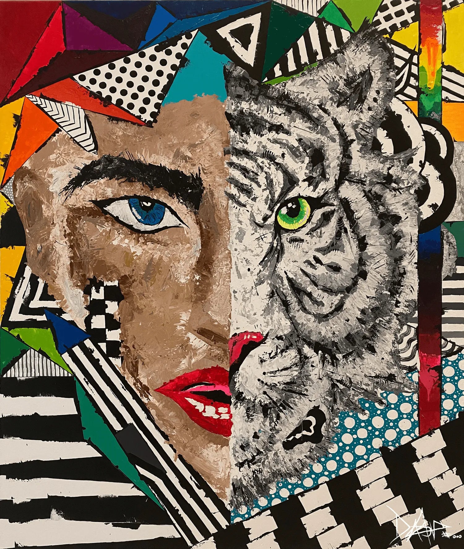 Splitting Yourself cubist portrait painting of a woman and tiger by Daniela Sanchez Vegas