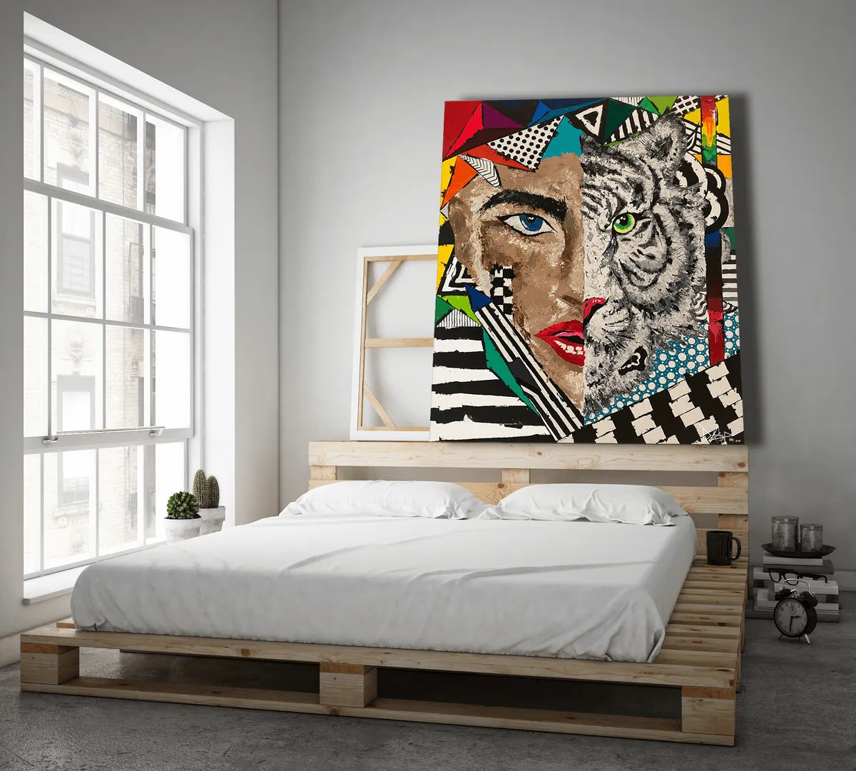 Splitting Yourself woman and tiger painting by Daniela SV Art displayed in a modern bedroom