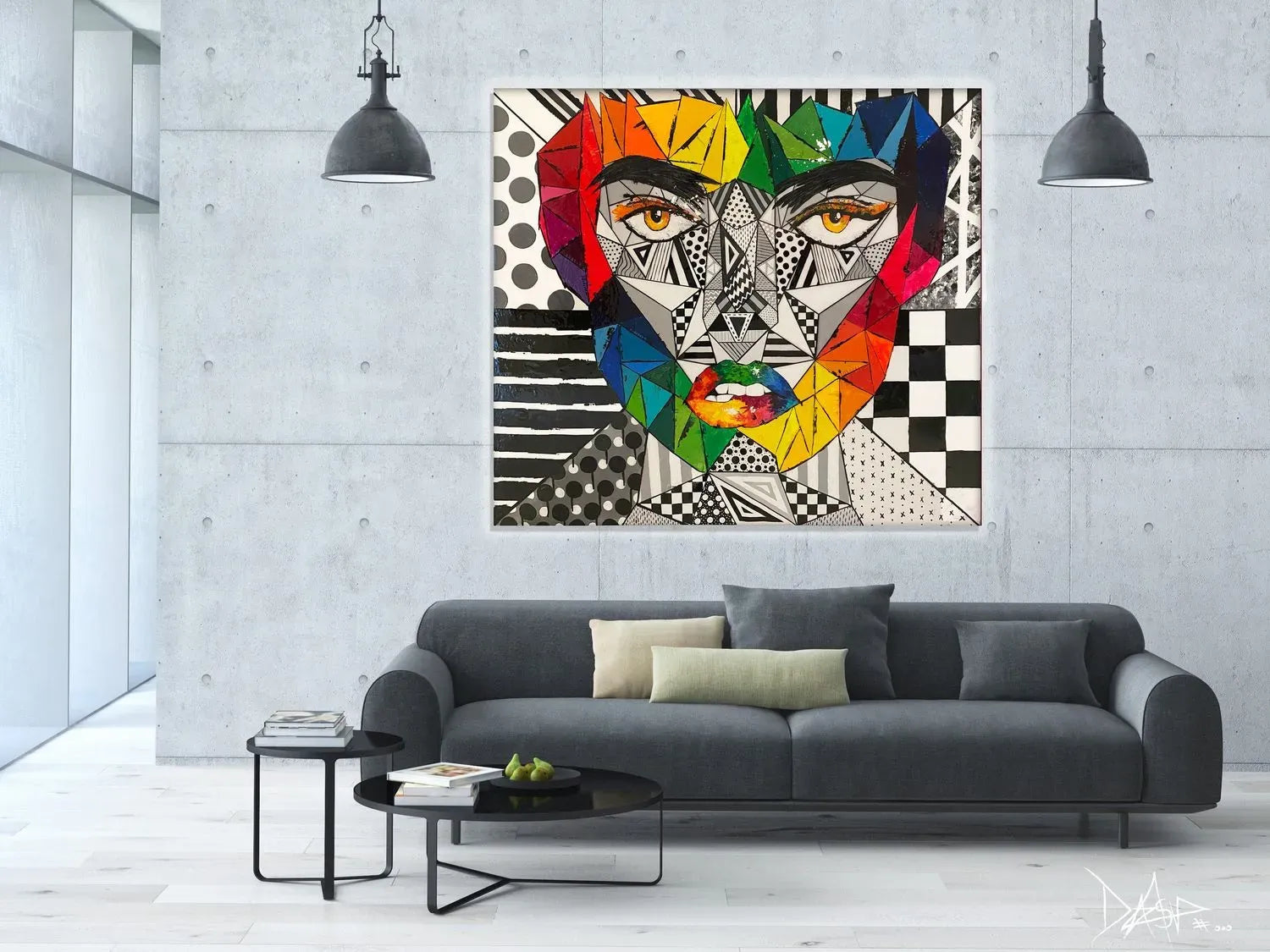 The Power Within Me geometric portrait painting by Daniela SV Art displayed in a modern interior