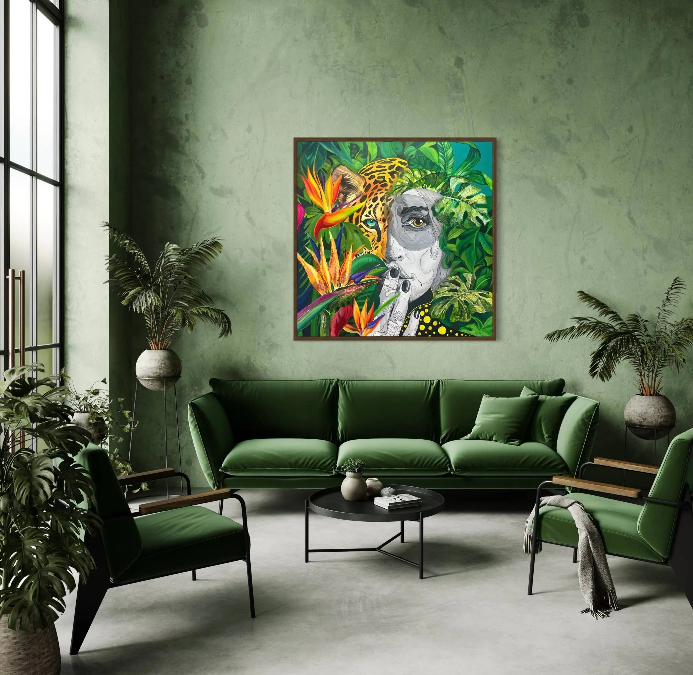Wild Essence tropical artwork displayed above a green sofa