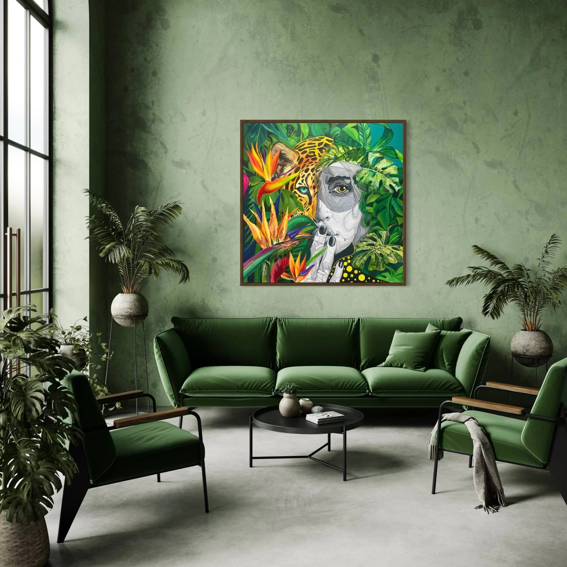 Wild Essence tropical artwork displayed above a green sofa