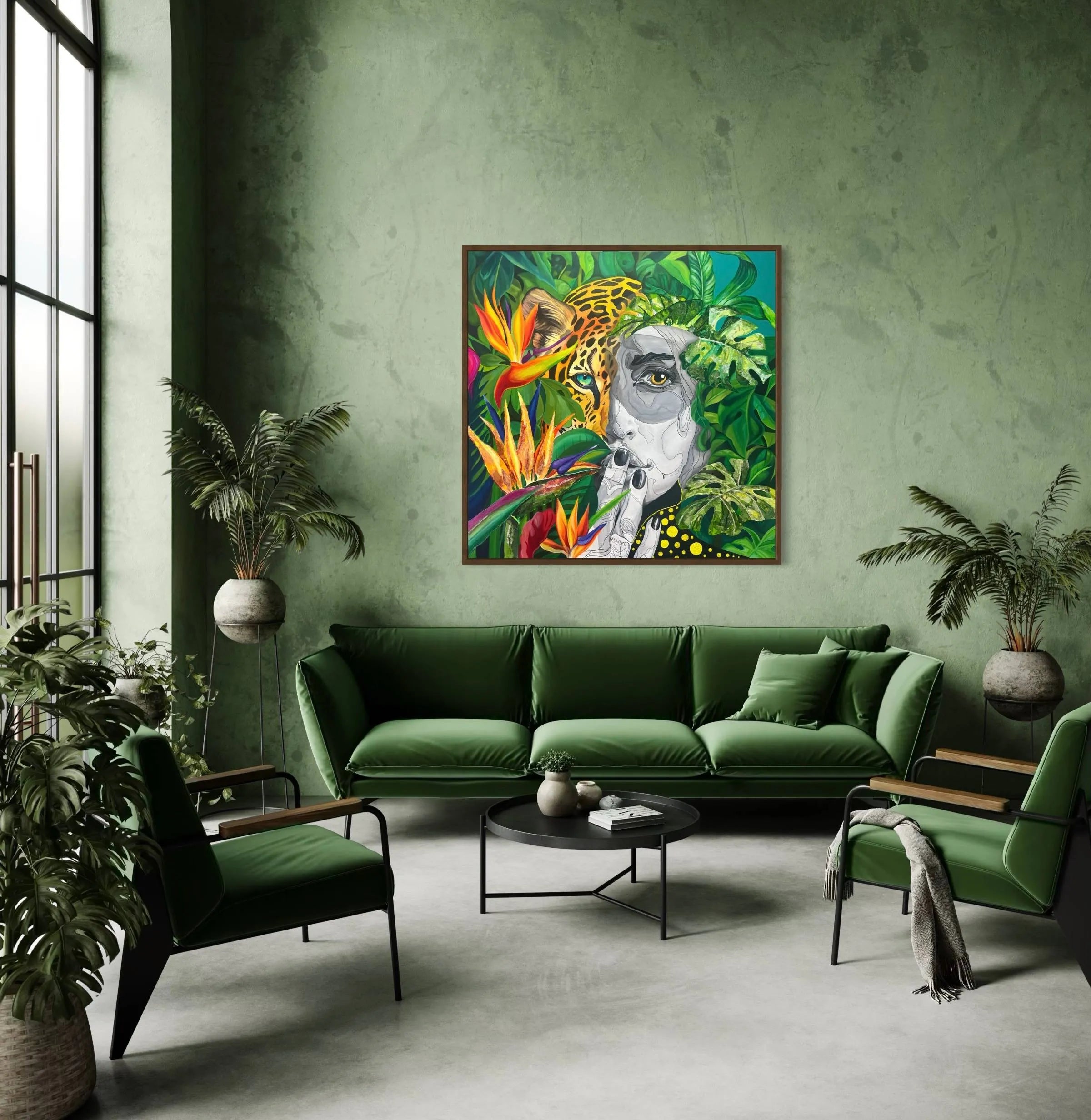 Wild Essence tropical artwork displayed above a green sofa