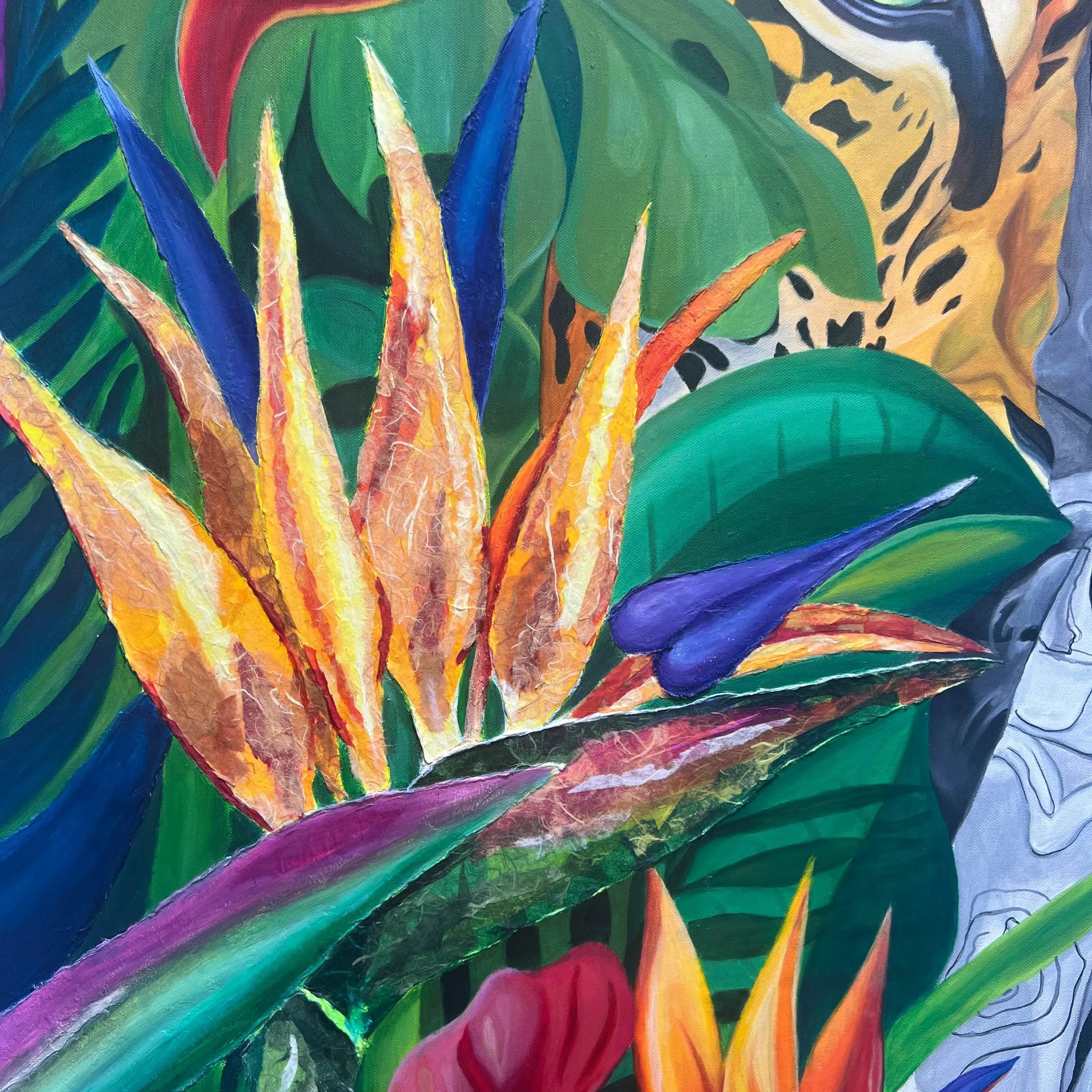 Textured Bird of Paradise flowers created with mixed media in Wild Essence