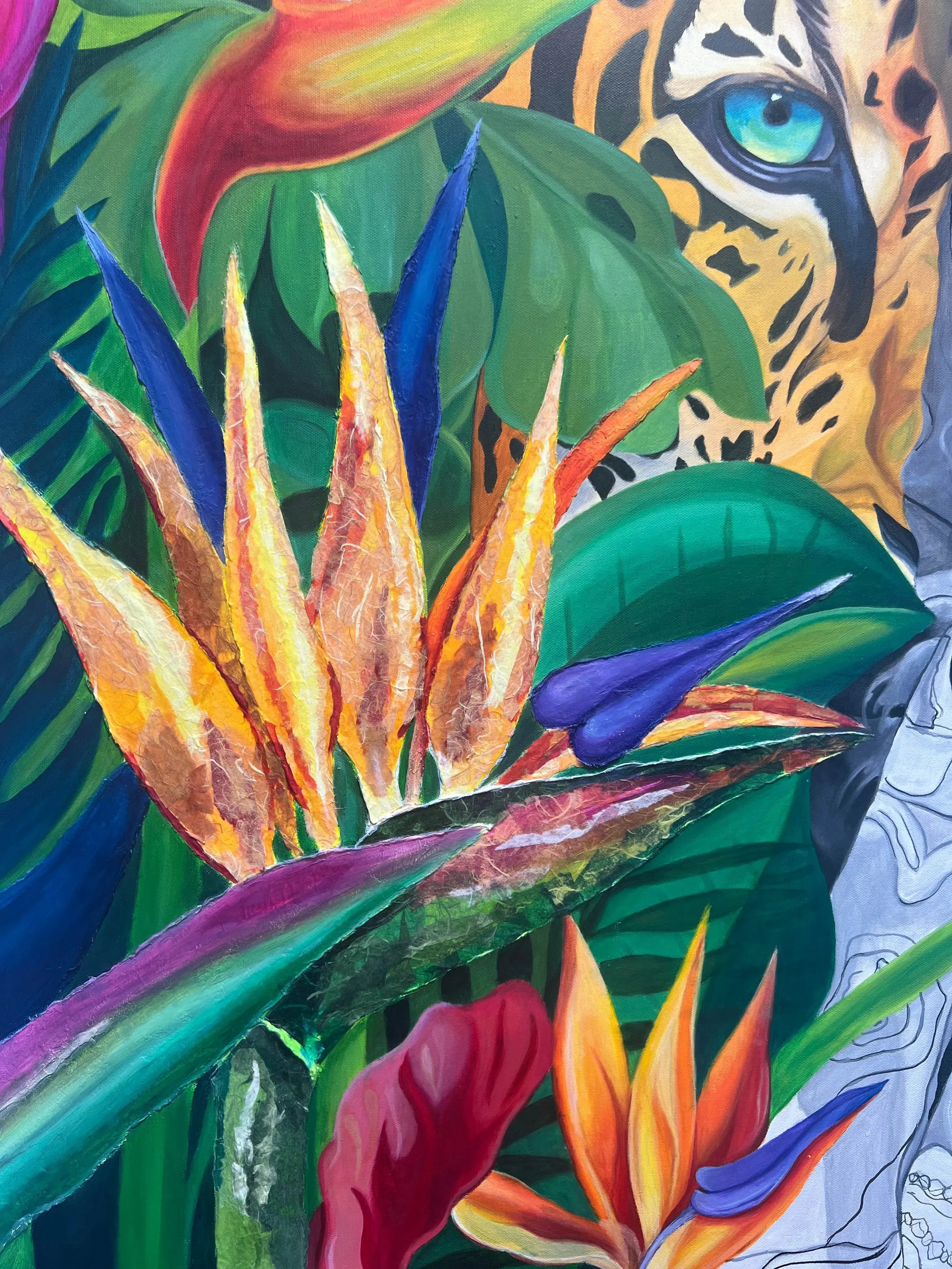 Textured Bird of Paradise flowers created with mixed media in Wild Essence