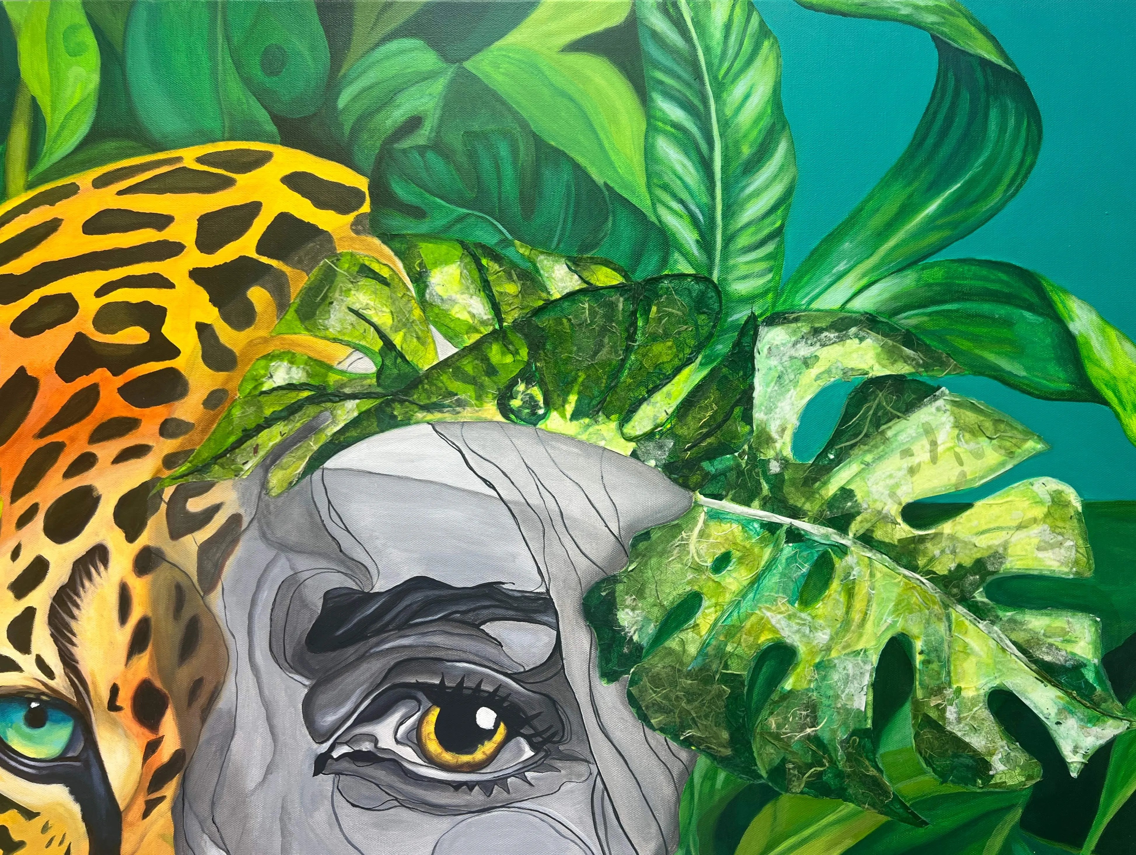 Jaguar and grayscale human portrait detail from the Wild Essence mixed media painting