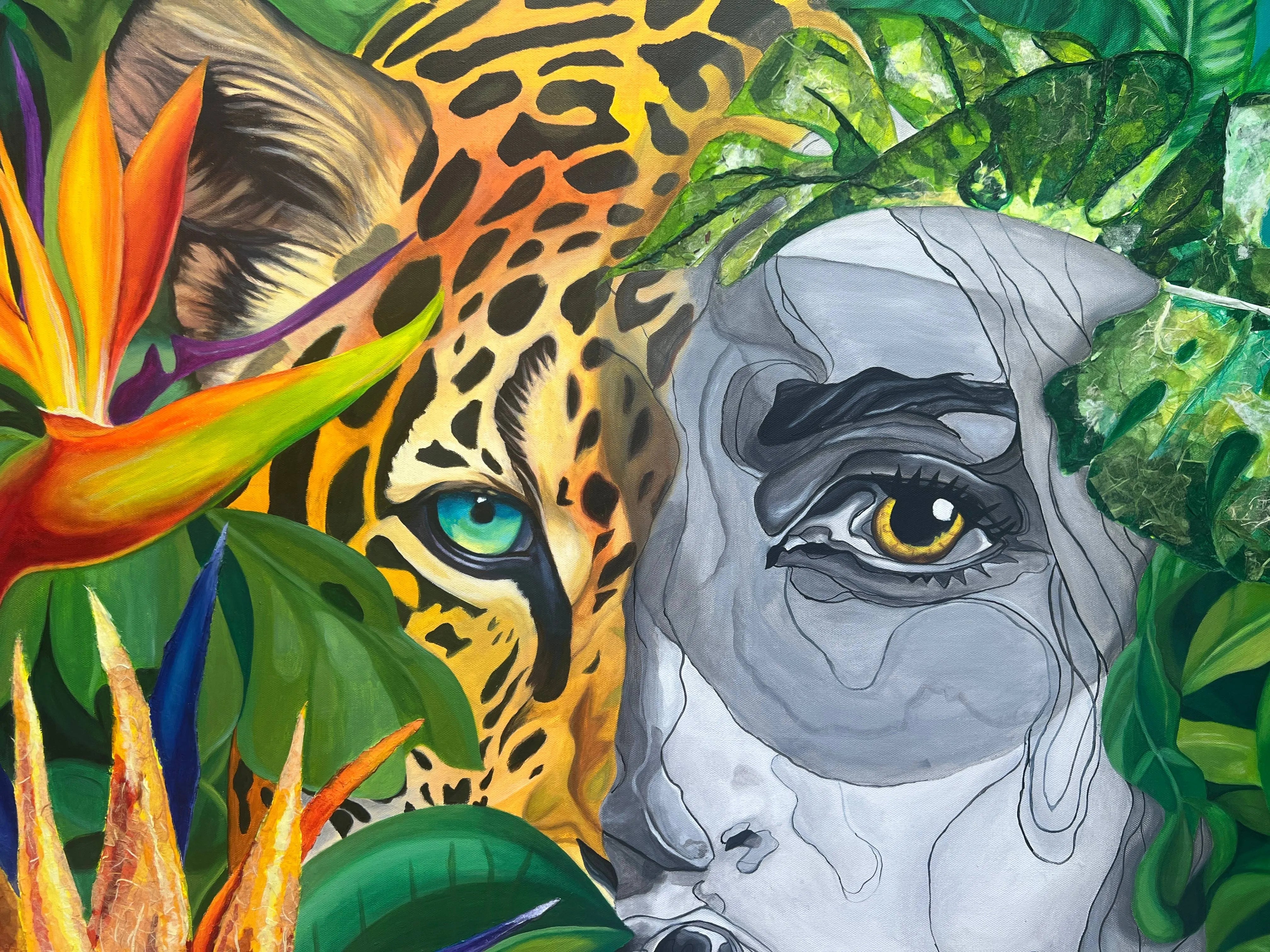 Colorful jaguar and Bird of Paradise flowers in the Wild Essence artwork