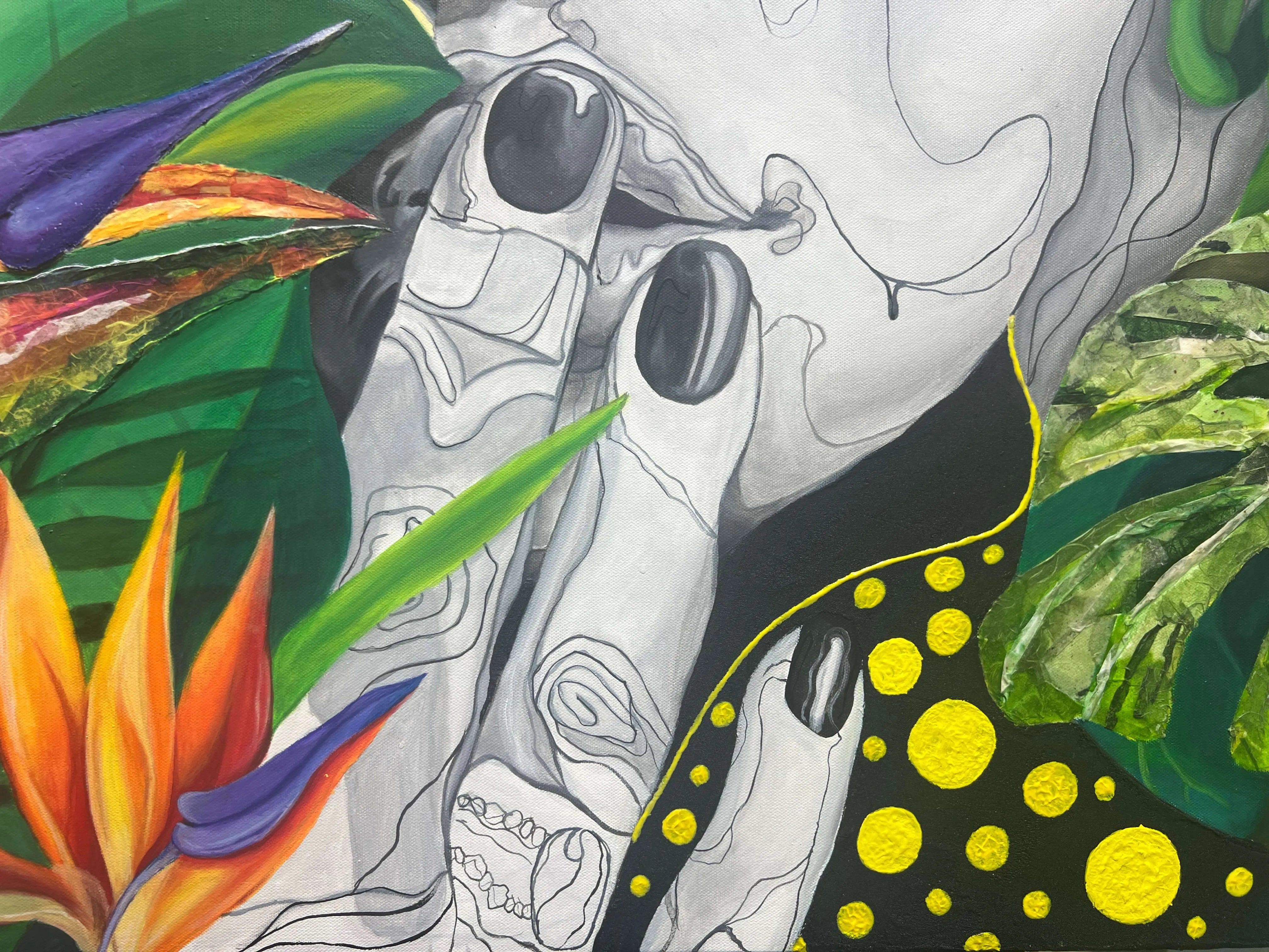 Grayscale human hand and mixed media details in the Wild Essence painting