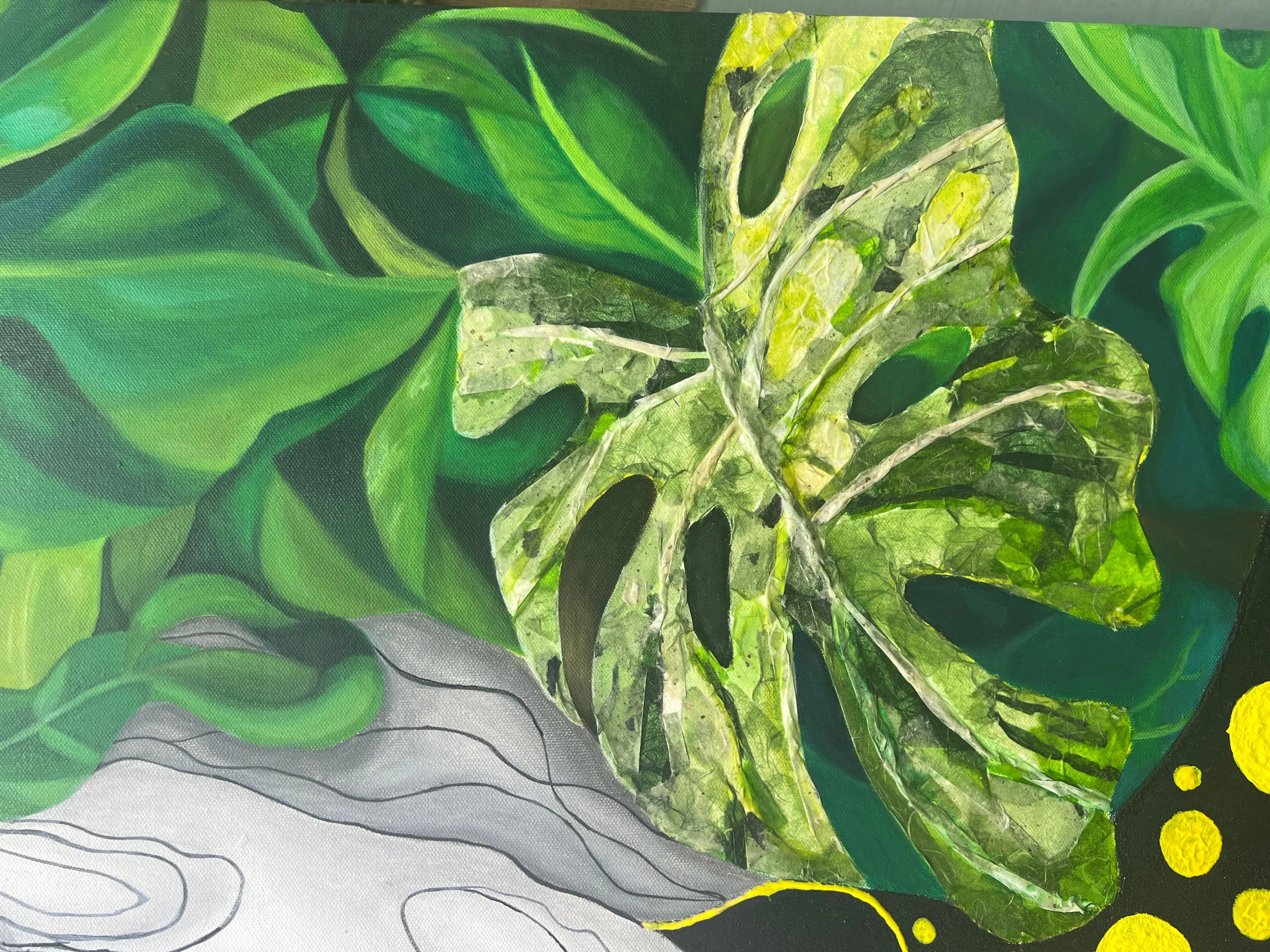 Mixed media tropical Monstera leaf detail in the Wild Essence painting