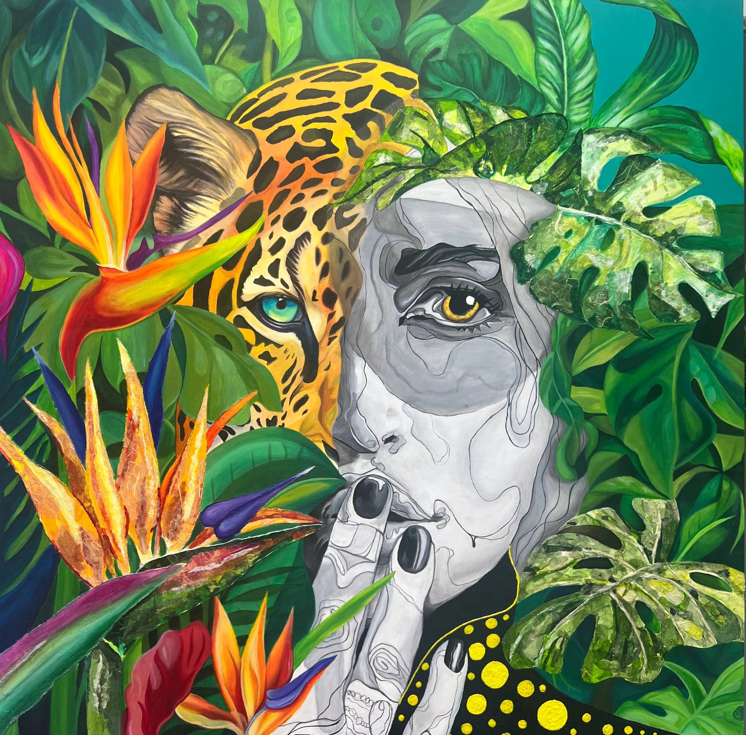 Wild Essence original mixed media painting featuring a human portrait, jaguar and tropical foliage by Daniela Sanchez Vegas