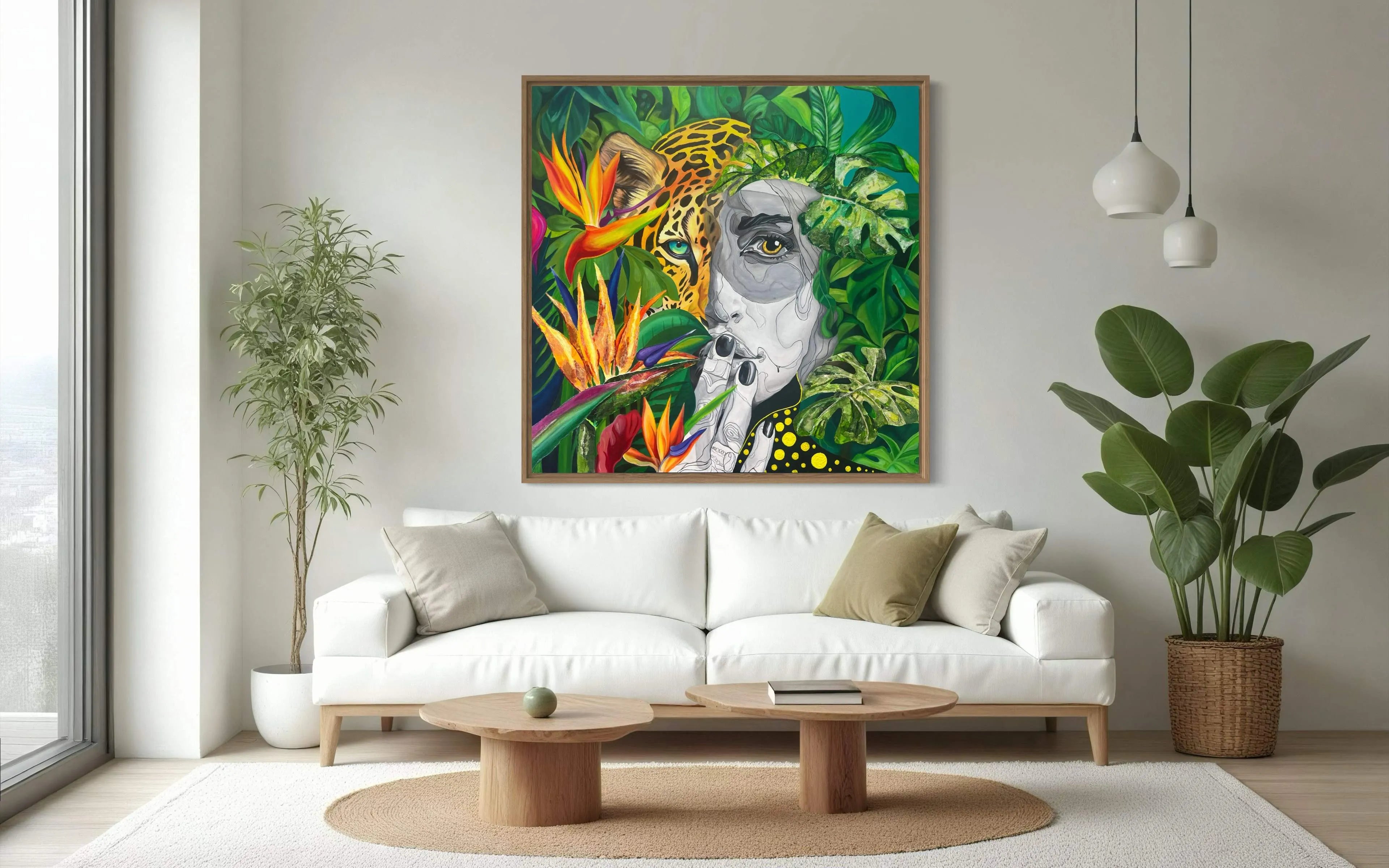 Wild Essence mixed media painting displayed in a modern white living room