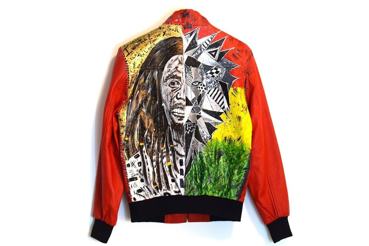 Hand painted Leather jacket - Bob Marley / Lion in Zion